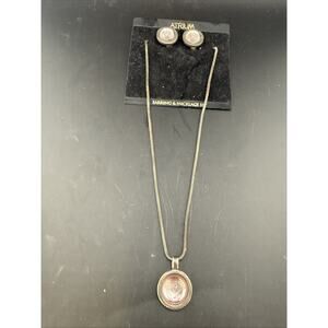 90s Vintage Atrium Brand Earrings and necklace Set Silver With Pink Cat Eye